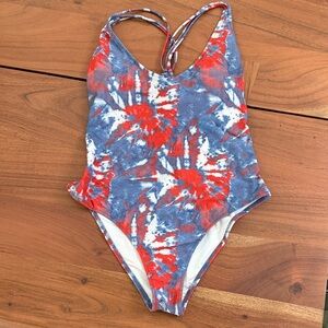 Volcom Red, Blue & White Tie-Dye One-Piece Swimsuit